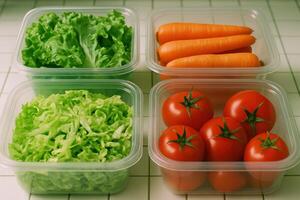 Fresh lettuce, carrots, and tomatoes in transparent plastic containers for meal prep photo