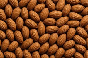 Natural unshelled almonds tightly packed together forming a rustic textured full frame background photo