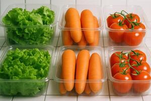 Fresh lettuce, carrots, and tomatoes neatly packed in transparent plastic containers for healthy eating photo