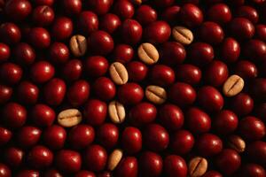 Close up full frame of freshly harvested deep red coffee cherries and raw parchment beans photo