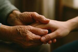 Wrinkled hand of an elderly person gently holding the smooth hand of a younger adult. photo