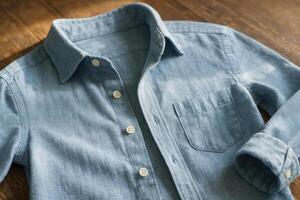 Light blue denim button down shirt with long sleeves and collar on wooden surface photo