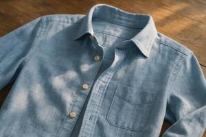Light blue long sleeved button down shirt with collar and pocket on rustic wooden surface photo
