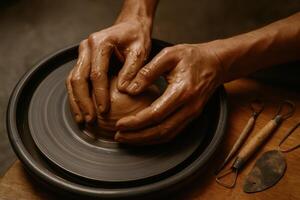 Skilled hands of a potter expertly shaping wet clay on a spinning pottery wheel in a ceramic workshop photo