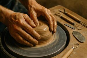 Close up of potter hands molding wet clay on a pottery wheel in a workshop photo