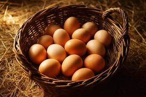 Rustic woven basket brimming with fresh brown farm eggs resting on a bed of straw photo