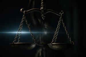 Symbolic scales of justice perfectly balanced with bright light beam photo