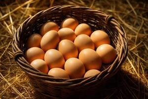Rustic woven basket filled with fresh farm eggs resting on golden straw photo