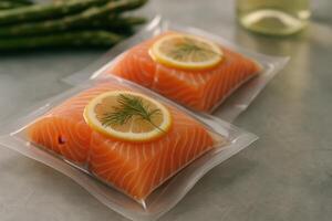 Hyper realistic photograph of two vacuum sealed salmon fillets with lemon and dill photo