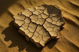 Close up of a piece of dried cracked mud on sandy desert ground under harsh sunlight photo