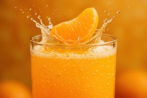 Refreshing orange juice splashing with a fresh citrus segment dropping into a glass photo