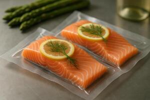 Hyper realistic photograph of vacuum sealed salmon fillets with lemon and dill photo