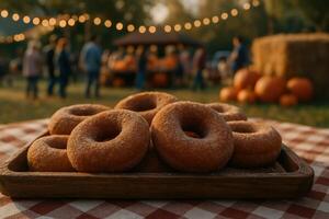 Warm apple cider donuts dusted with cinnamon sugar on a checkered tablecloth at a fall festival photo
