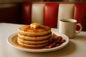 Stack of fluffy golden pancakes with melting butter and maple syrup, served with bacon and coffee in a diner setting photo