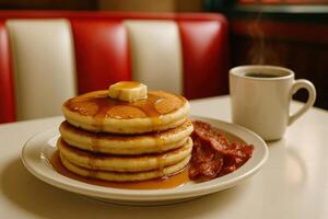 Delicious stack of golden pancakes with maple syrup, melting butter, crispy bacon, and hot coffee in a classic diner setting photo