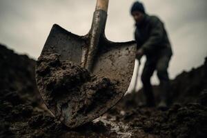 Close up of a metal shovel digging into wet muddy earth with a worker in the background photo