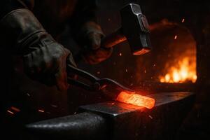 Traditional blacksmith forging glowing hot metal on an anvil with hammer and tongs photo
