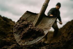 Close up of a dirty shovel digging into wet, muddy earth with a man working photo