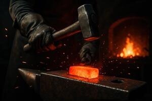Blacksmith gloved hand striking glowing hot metal on an anvil with a hammer in a dark forge photo