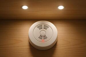 A modern white circular smoke detector with a red indicator light on a wooden ceiling. photo
