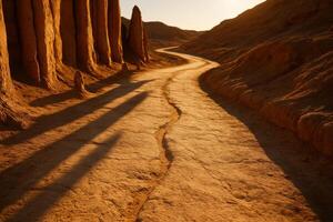 Sunlit winding desert path through sandstone formations with long shadows photo