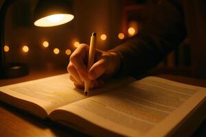 Student hand highlighting textbook under warm desk lamp light at night photo