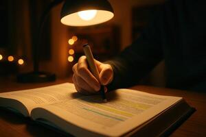 Diligent student hand highlighting a textbook under the warm glow of a desk lamp photo