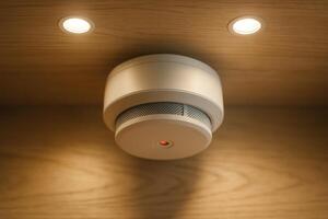 Modern white smoke detector with red indicator light on light wooden ceiling photo