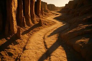 Sun drenched winding desert path through a rugged sandstone canyon at golden hour photo