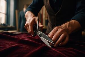 Master tailor hands expertly cutting plush red velvet fabric with shears photo