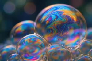 Close up of iridescent soap bubbles with swirling colorful surfaces and delicate textures photo