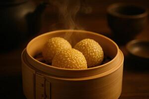 Hot steaming golden sesame balls in traditional bamboo dim sum steamer photo