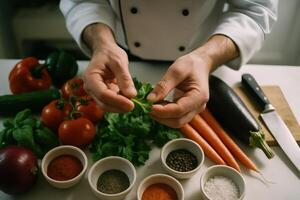 Chef hands selecting fresh green herbs among vibrant vegetables and spices on a kitchen counter. photo