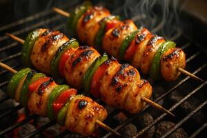 Delicious chicken and vegetable skewers grilling over hot coals with smoke photo
