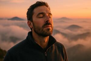 Peaceful man meditating on mountain peak at golden sunrise over clouds photo
