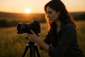 Young woman setting up high end professional camera on tripod in scenic field at golden hour photo