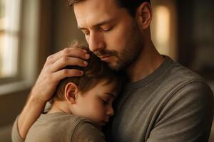 Close up of a man gently embracing a young boy in a tender and comforting moment photo