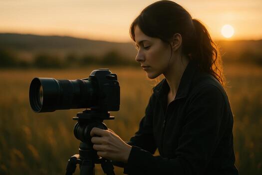 Professional woman photographer setting up camera on tripod in a golden hour field photo