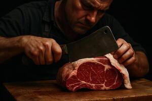 Skilled butcher meticulously trimming a prime cut of fresh red beef with a sharp cleaver on a wooden board photo