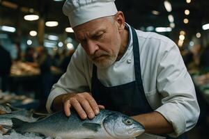 Experienced chef inspecting fresh fish on ice at a traditional fish market photo