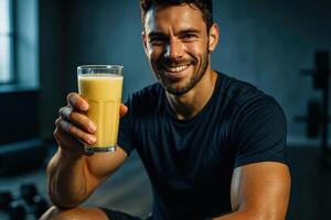 Happy athletic man enjoying healthy protein shake after intense gym workout photo