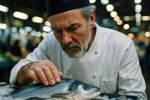 Experienced male chef meticulously inspecting fresh fish at a bustling market photo