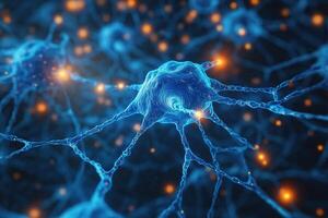 Neuron transmitting signals in brain, neural network generating ideas photo