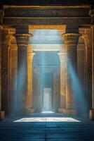 Sunbeams illuminating egyptian temple interior with columns and hieroglyphics photo