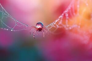 Tiny spider walking on wet spiderweb with dew drops on colorful background photo