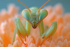 Praying mantis showing its forelegs on orange background photo