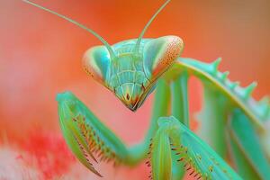 Praying mantis posing on colorful background, extreme close-up view photo