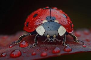 Ladybug walking on wet leaf in close-up view photo