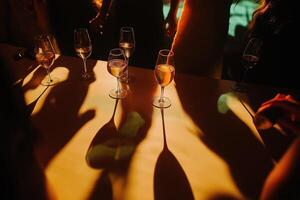 Wine glasses casting long shadows on table at party photo
