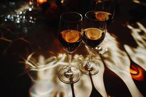 Wine glasses reflecting light on elegant table setting photo